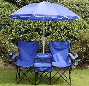 Folding Double Set Chair Umbrella Table with Cooler Picnic Camping Beach Seat