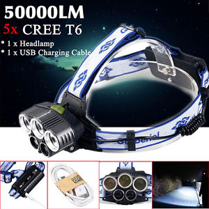 CREE 50000LM XM-L 5 x T6 LED Headlamp USB Rechargeable 18650 Headlight Head Lamp