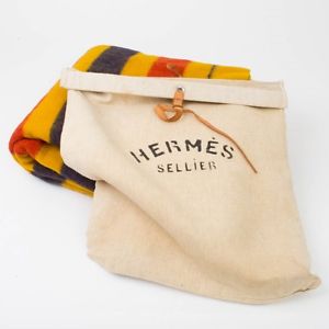 Vintage Hermes Sellier Paris Wool Rocabar Blanket Throw w. Canvas Bag 73" x 62"