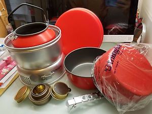 Rare New Trangia 25-6 Red / Orange non-stick cookset with Pan, Sauce & Kettle