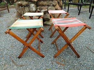 Vintage 1950's Wood Folding Camping Stools Cotton Stripe Fabric -Rare Set of 4