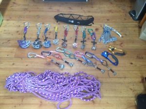 rock climbing gear, black diamond and alien, petzl meter rope, nuts,ascenders