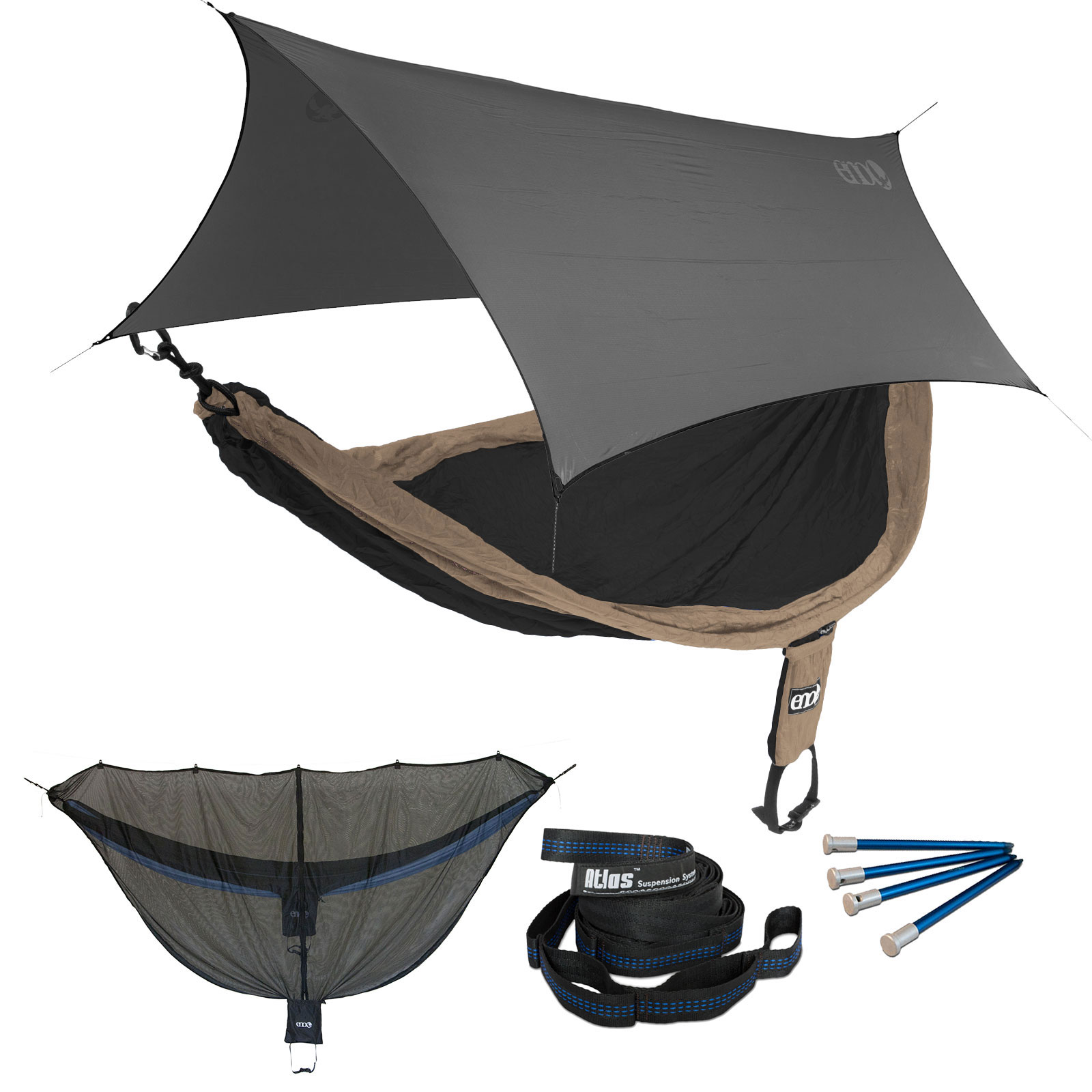 ENO SingleNest OneLink Sleep System - Khaki/Black Hammock With Grey Profly