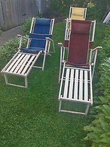 Vintage Folding Canvas Ship Deck Lounge chairs 3 in Lot with Foot Rest Head Rest