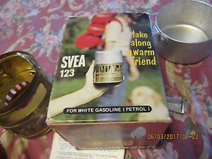 Early SVEA 123 Hunting Camping Stove in box W/ Manual, Pot & Key Chain Pricker