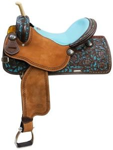 NEW 15" Showman Argentina Cow Leather Barrel Saddle Teal Painted Tooling